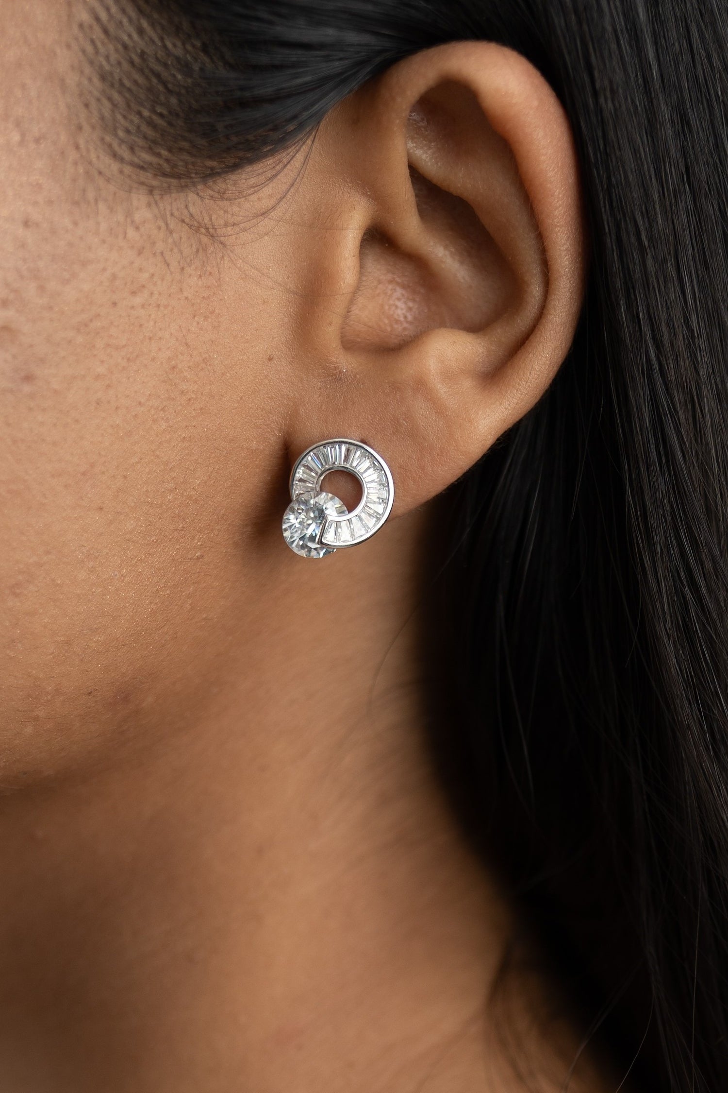 Diamond Circle Silver Stud Earrings
