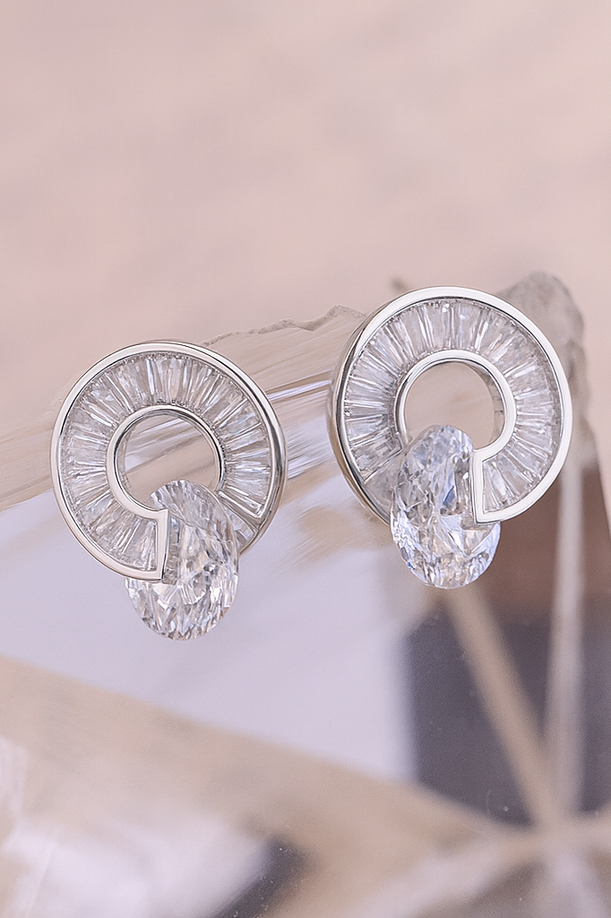 Diamond Circle Silver Stud Earrings