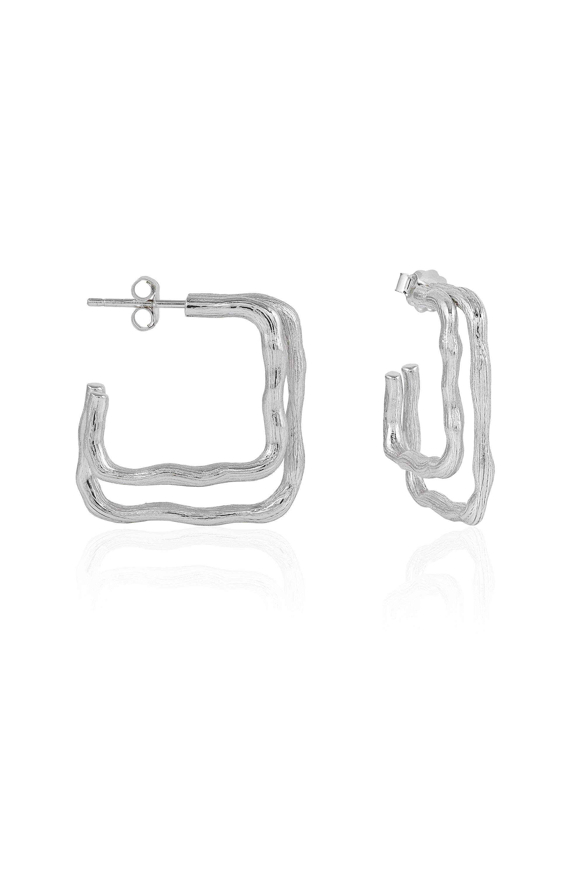 Textured Square Silver Hoop Earrings